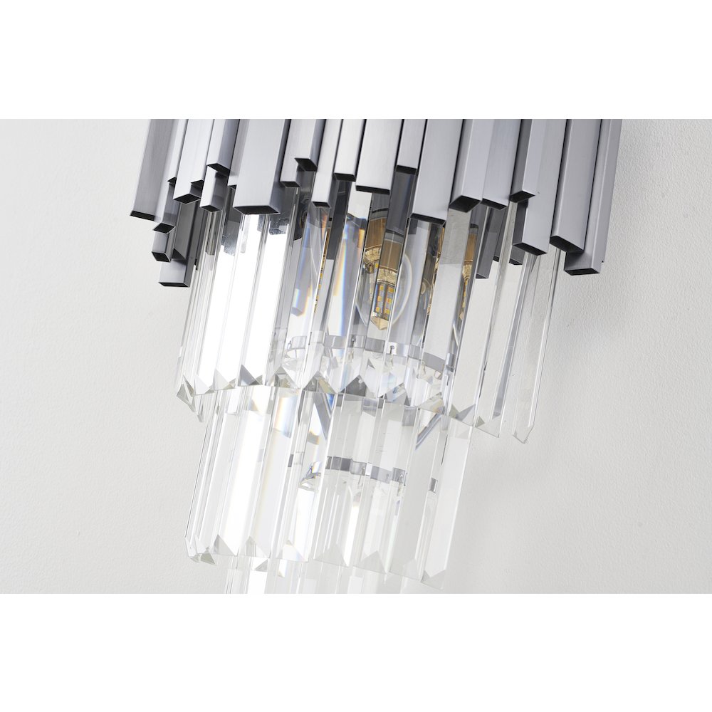 3-Light Shiny Nickel Wall Sconce With Clear Hanging Crystals