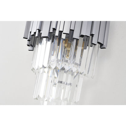 3-Light Shiny Nickel Wall Sconce With Clear Hanging Crystals