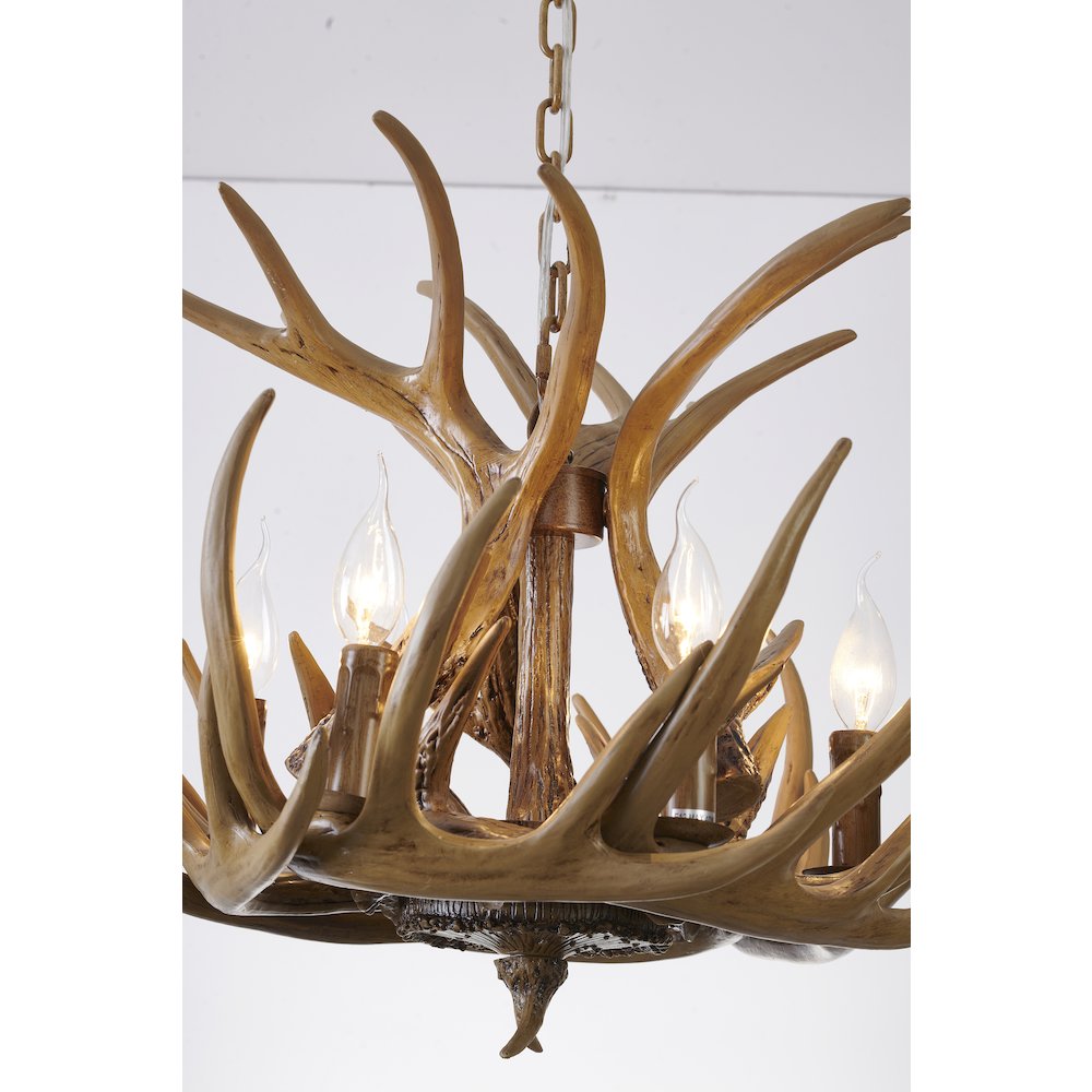6-Light Brown Polyresin Antler Horn Chandelier