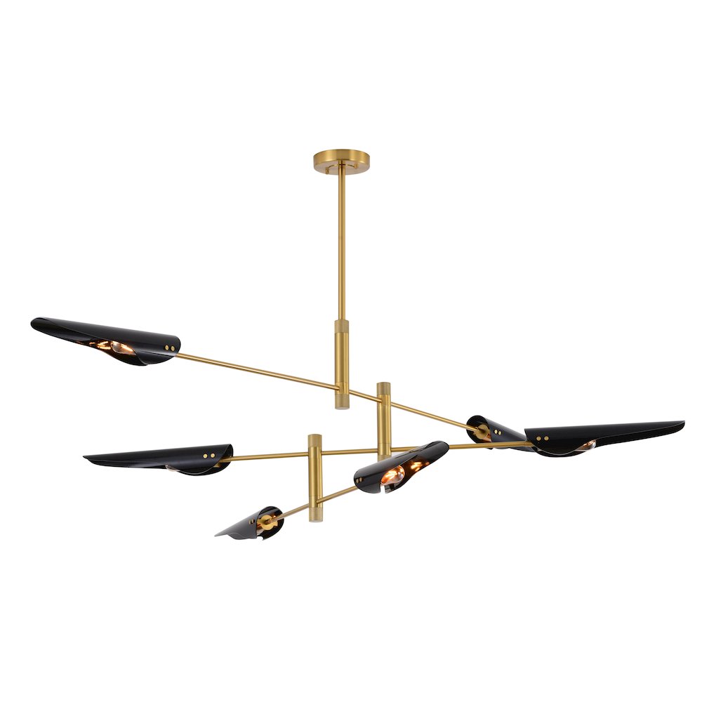 6-Light Brass Iron Chandelier With Smoke Black Tubed Shade