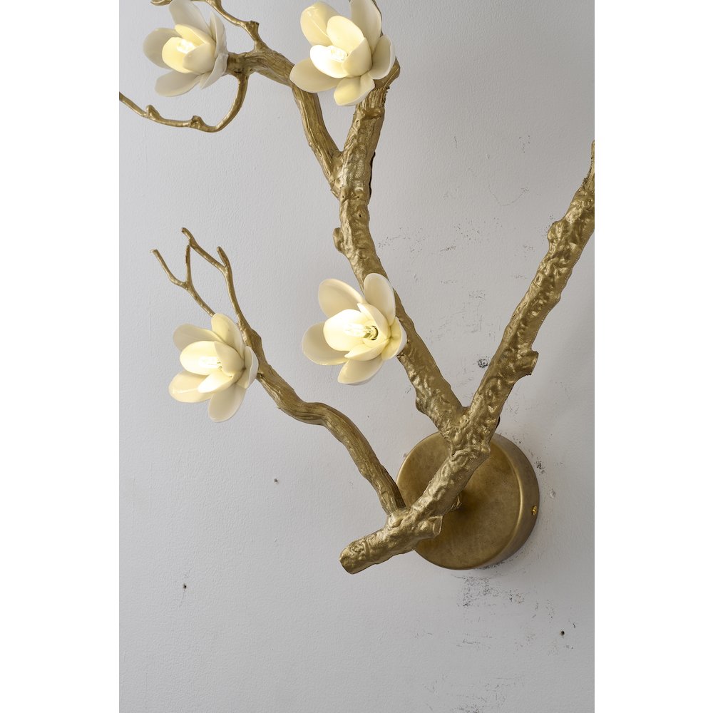 6-Light Brass Aluminum Wall Sconce With White Ceramic Shades