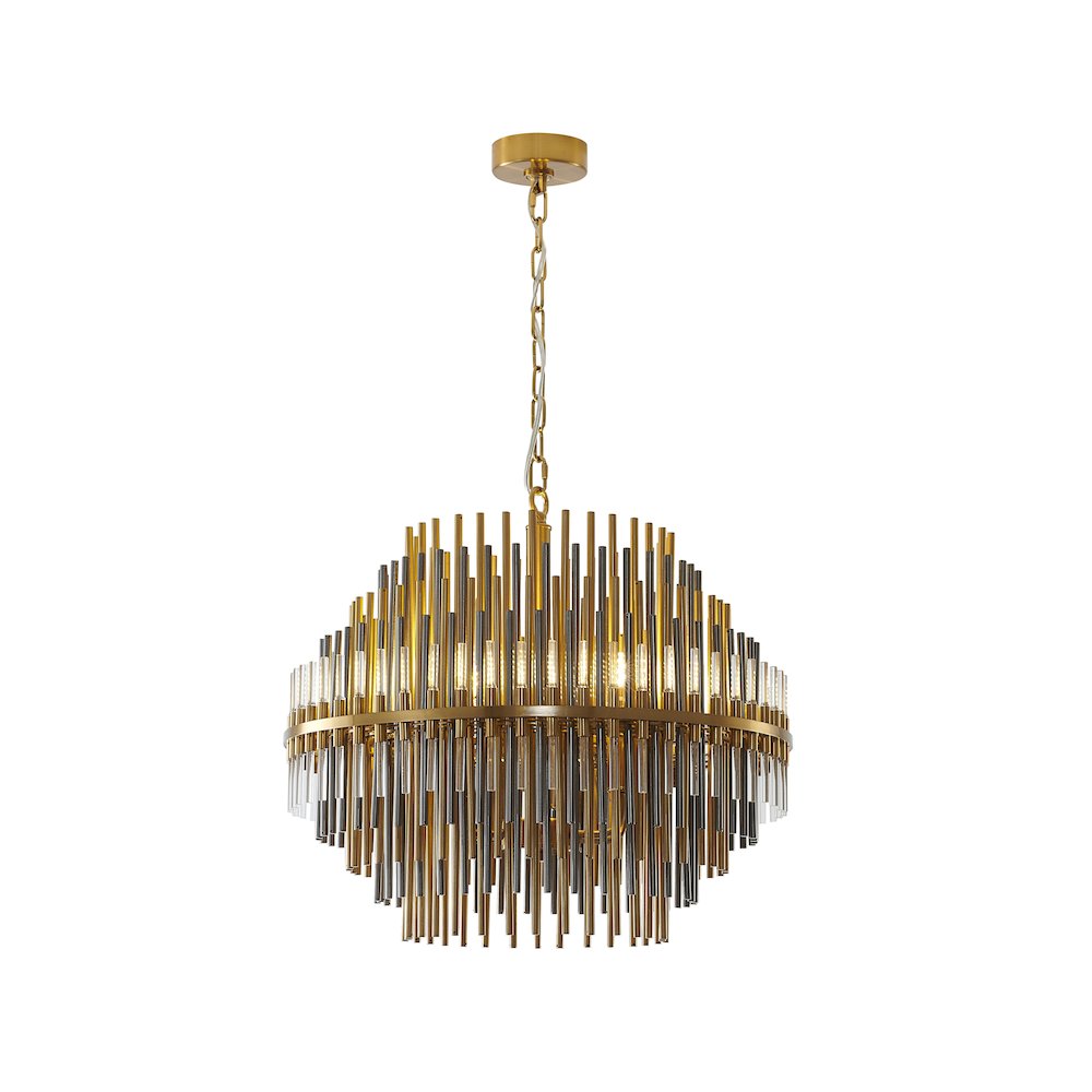 6-Light Brass Chandelier With Black Iron And Clear Glass Tubes