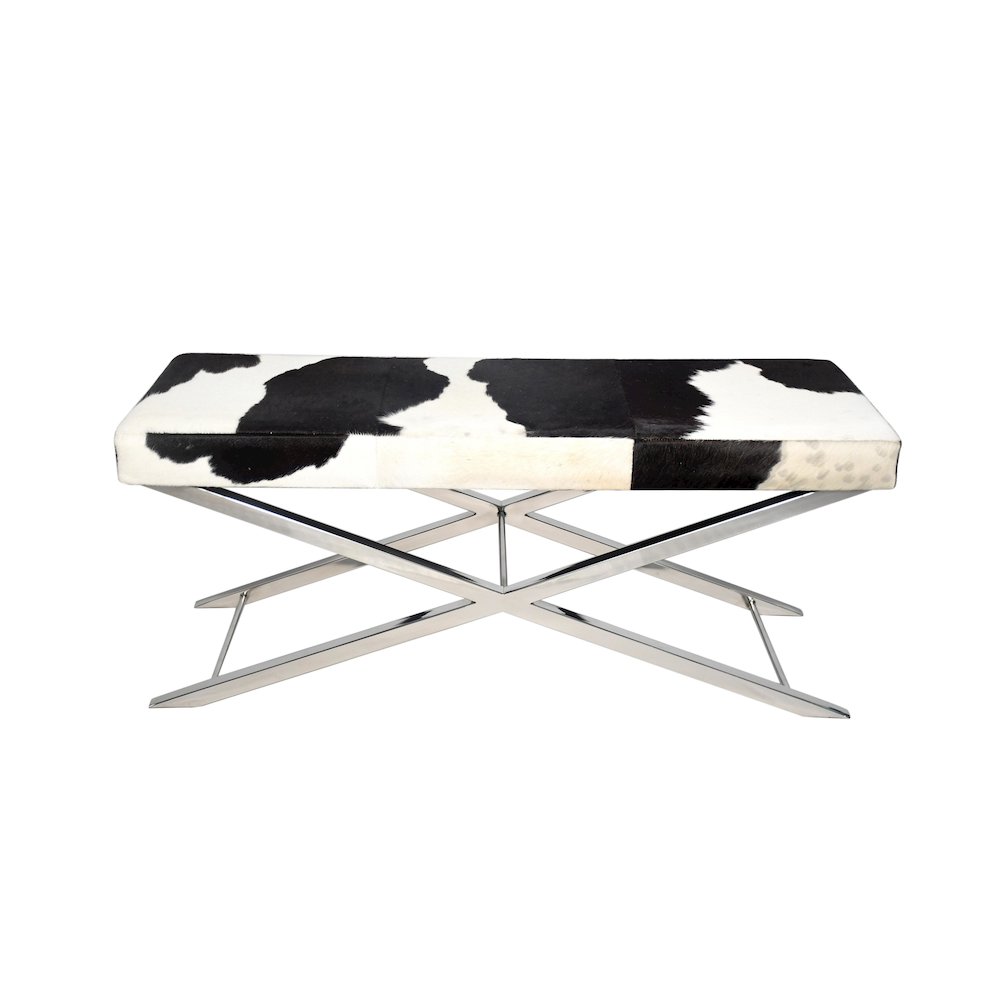 Chrome Stainless Steel Bench With Black And White Hairline Leather