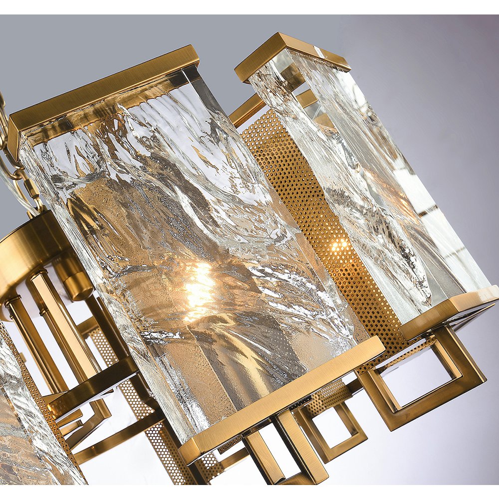12-Light Brass Metal Chandelier With Clear Crystal Plaques