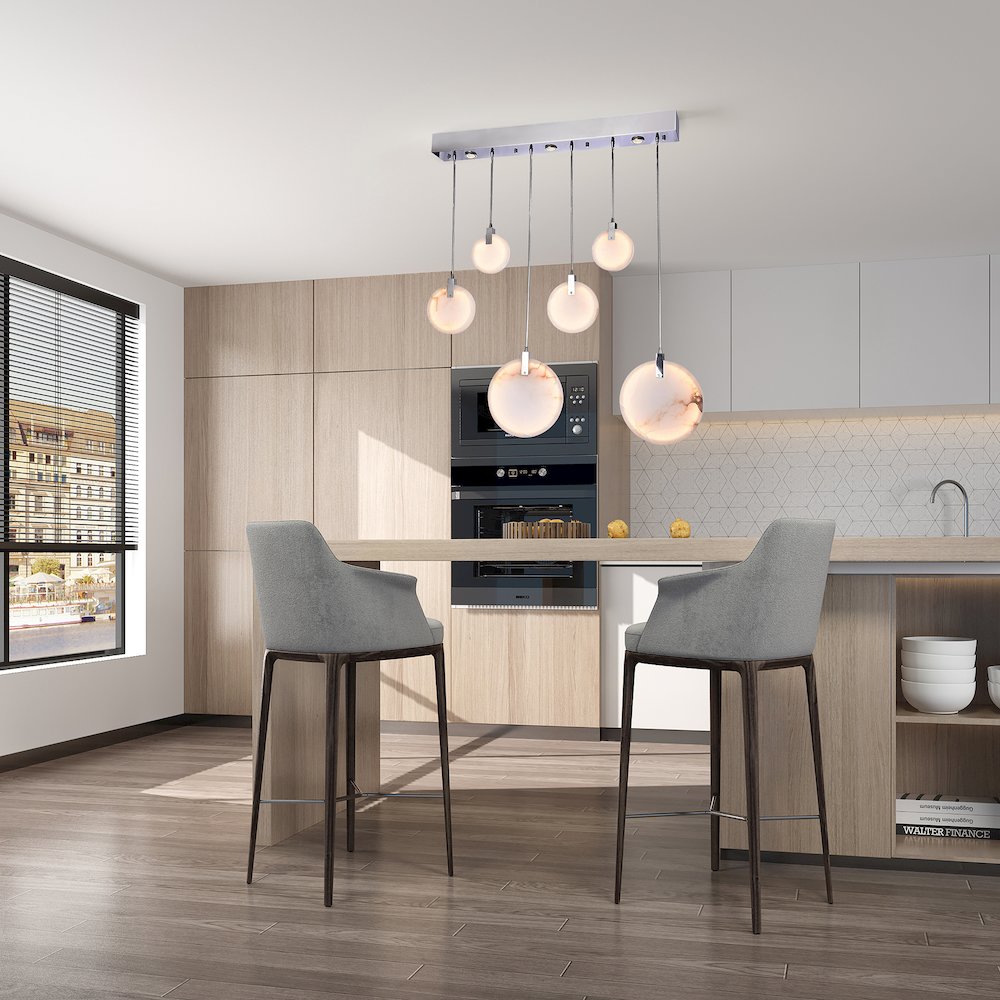 1-Light Chrome Stainless Steel LED Pendant With A Round Spanish Alabaster