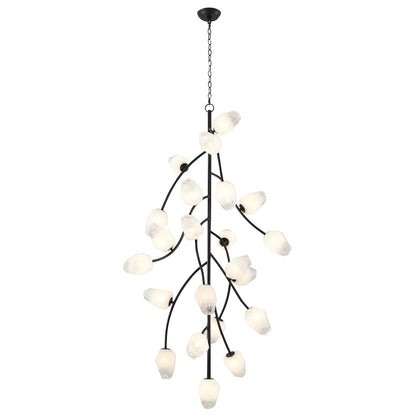 22-Light black iron frame chandelier with white glass shades