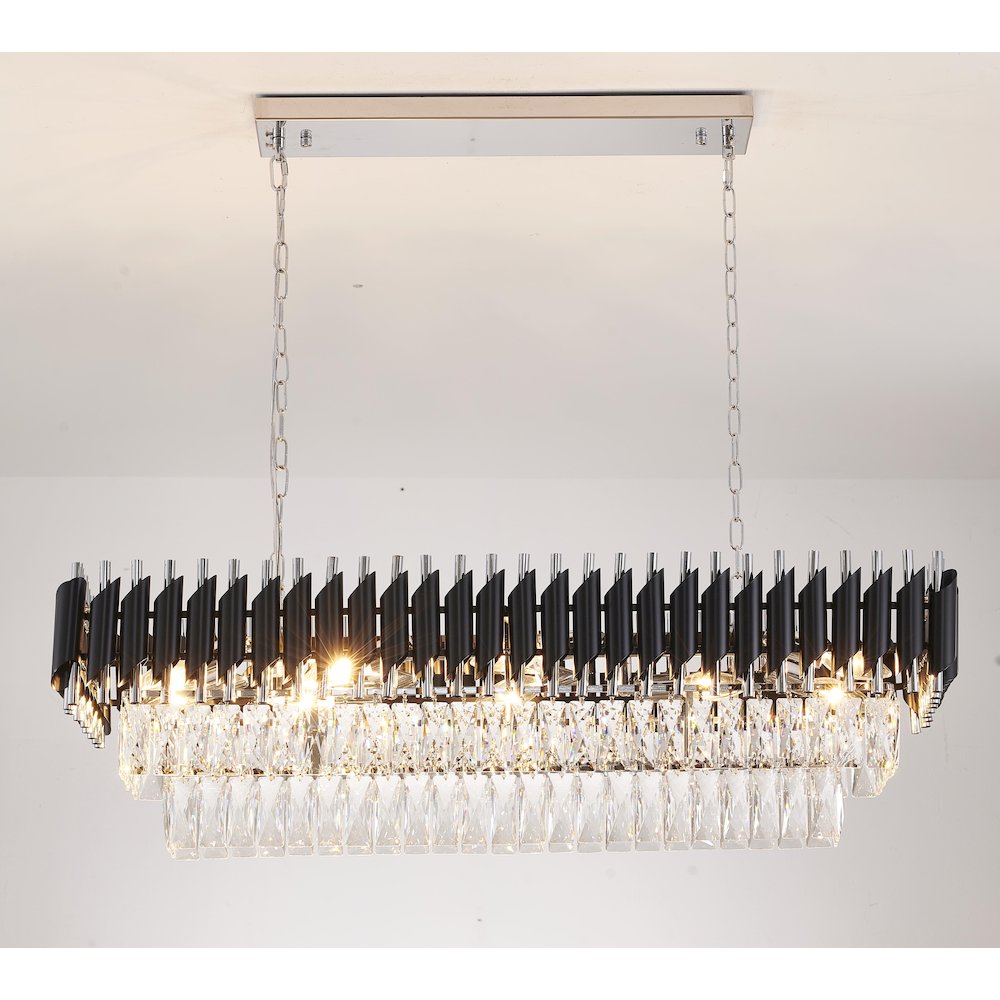 12-Light black and chrome chandelier with clear hanging crystals