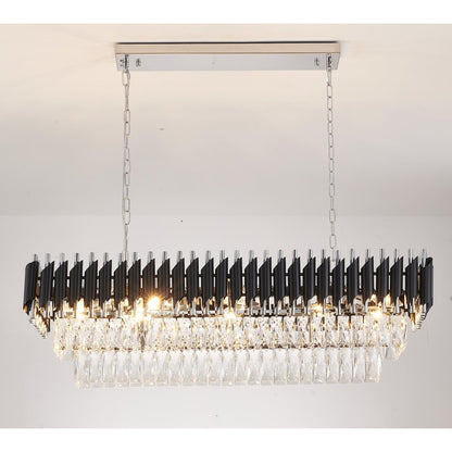 12-Light black and chrome chandelier with clear hanging crystals