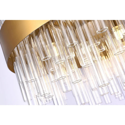 24-Light Matte Brass Chandelier With Clear Glass Rods