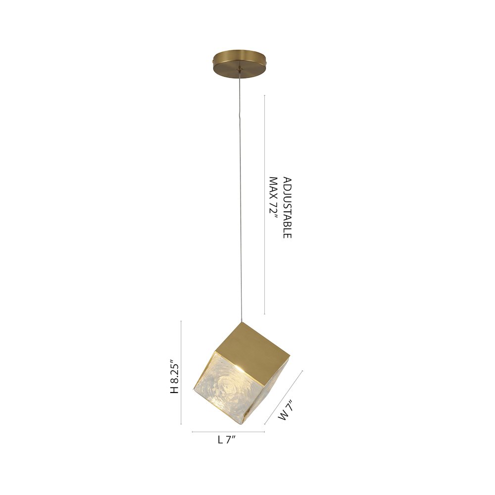 1-Light Brass Cubed Pendant With A Clear Distorted Glass Shade