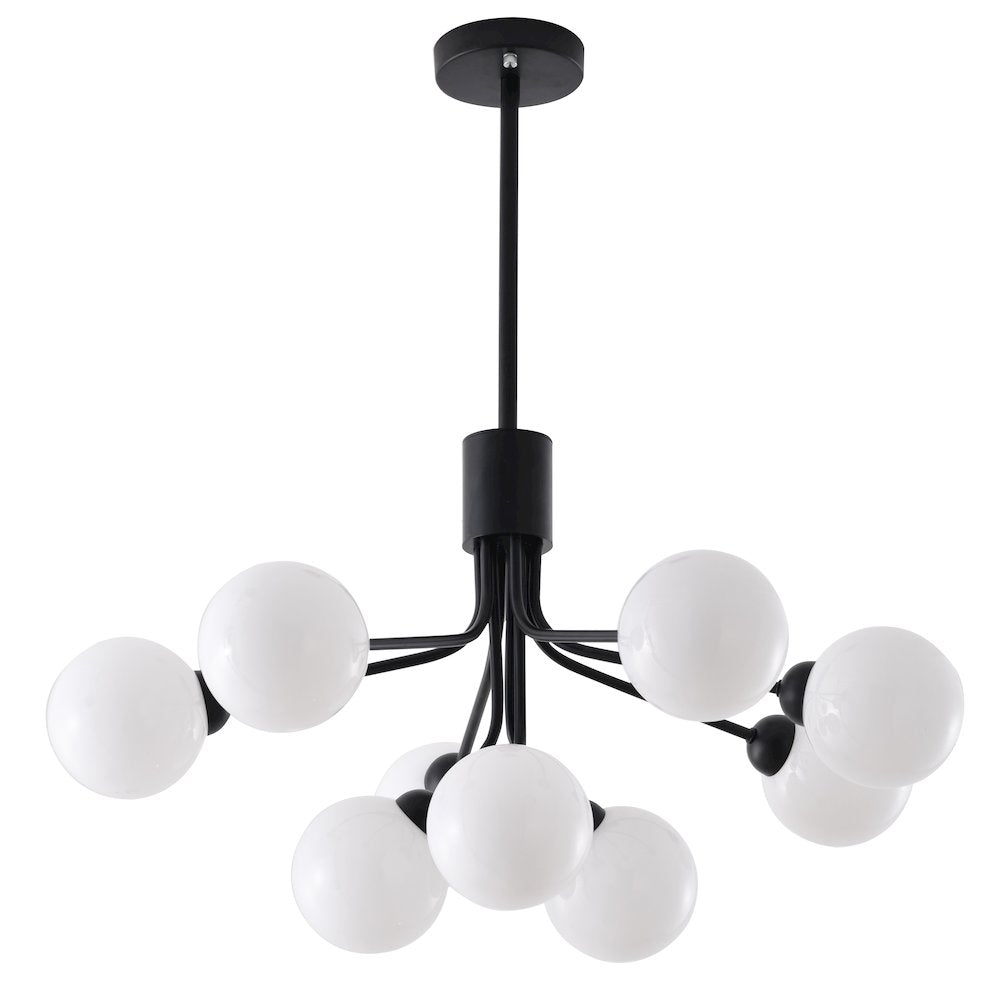 9-Light Black Metal Chandelier With White Glass Globe Shades