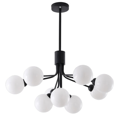 9-Light Black Metal Chandelier With White Glass Globe Shades