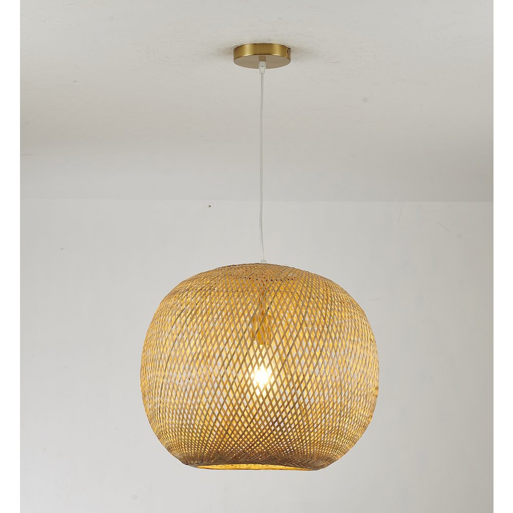 1-Light Brass Pendant With A Bamboo Wood Weaved Basket Shade