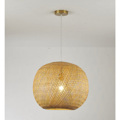 1-Light Brass Pendant With A Bamboo Wood Weaved Basket Shade
