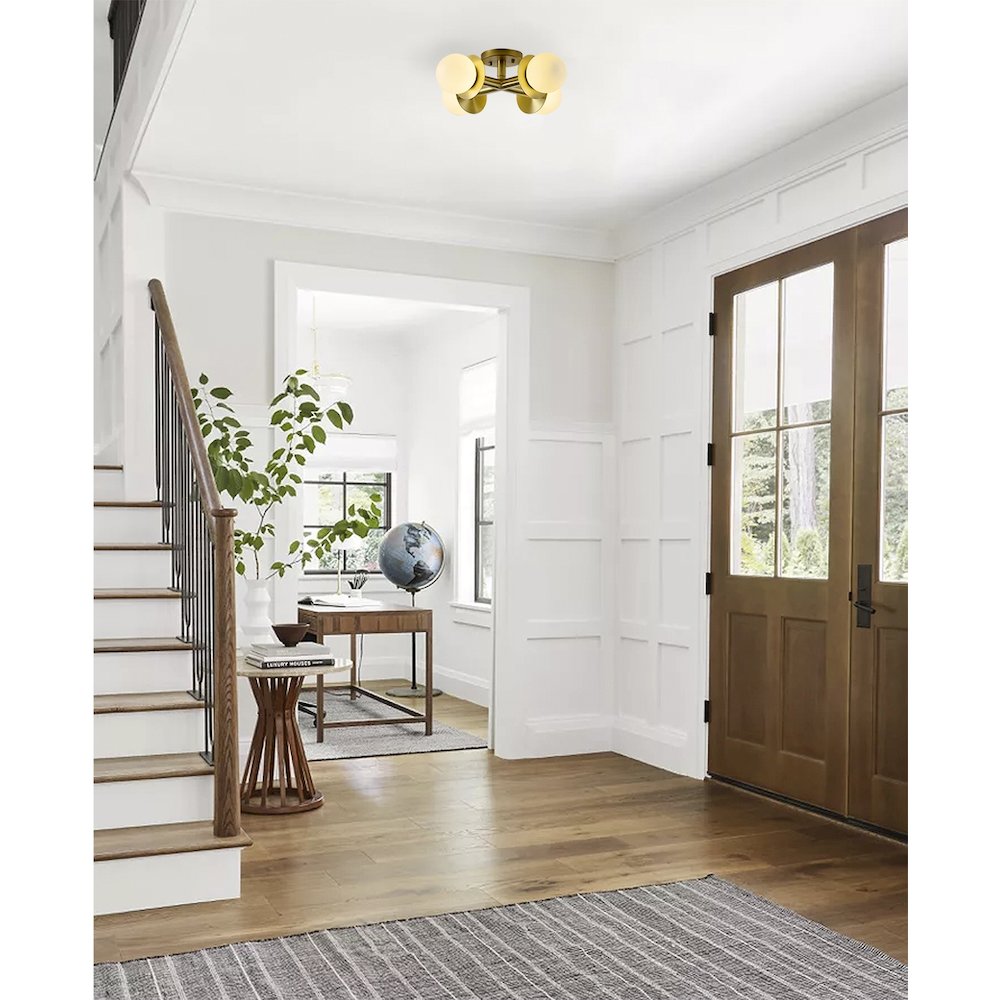4-Light Satin Brass Flush Mount With White Glass Globe Shades