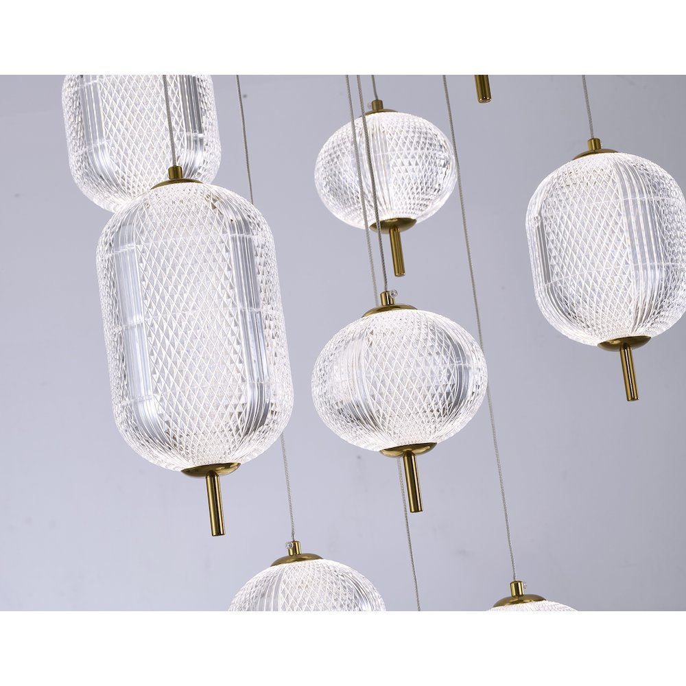 9-Light Flushed Brass Dimmable LED Chandelier With Hanging Clear  PC shades