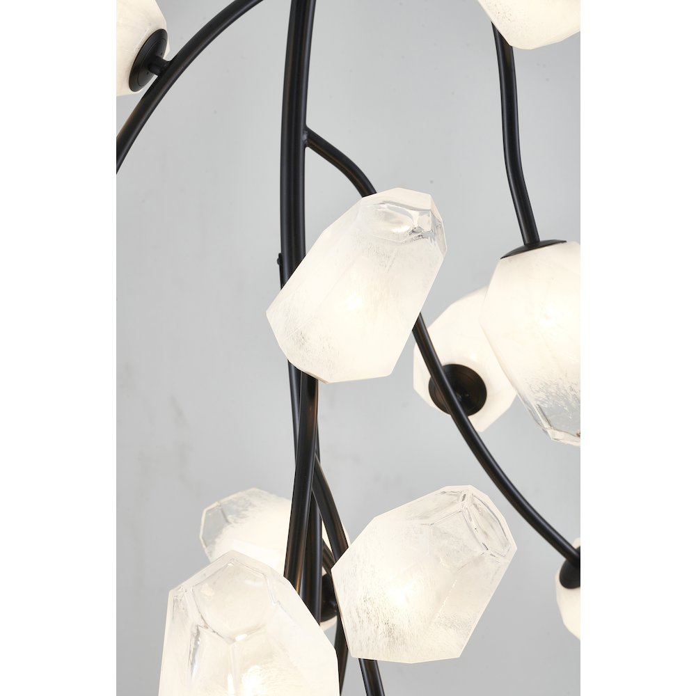 22-Light black iron frame chandelier with white glass shades