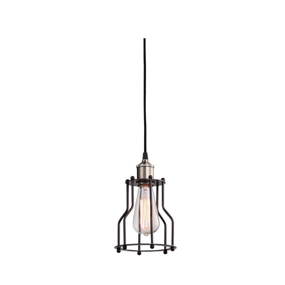 1-Light Black Cage Single Pendant With Brass Hardware