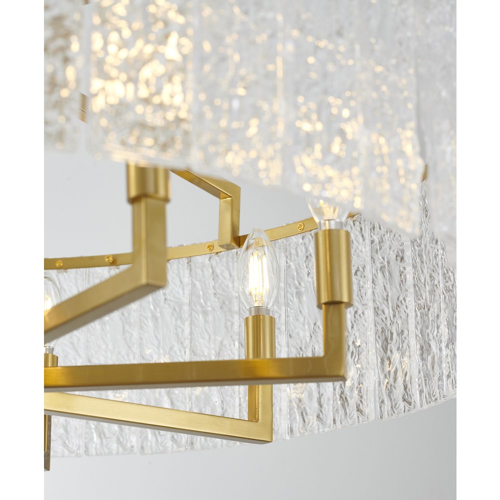 8-Light Brass Chandelier With Hanging Clear Rippled Glass