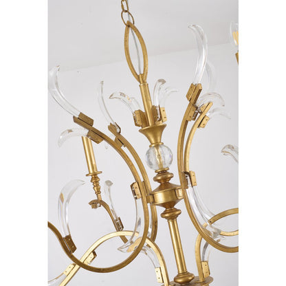 6-Light Gold Metal Leaf Chandelier With Clear Crystals