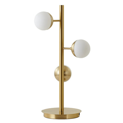 3-Light Brass Metal Table Lamp With White Glass Shades