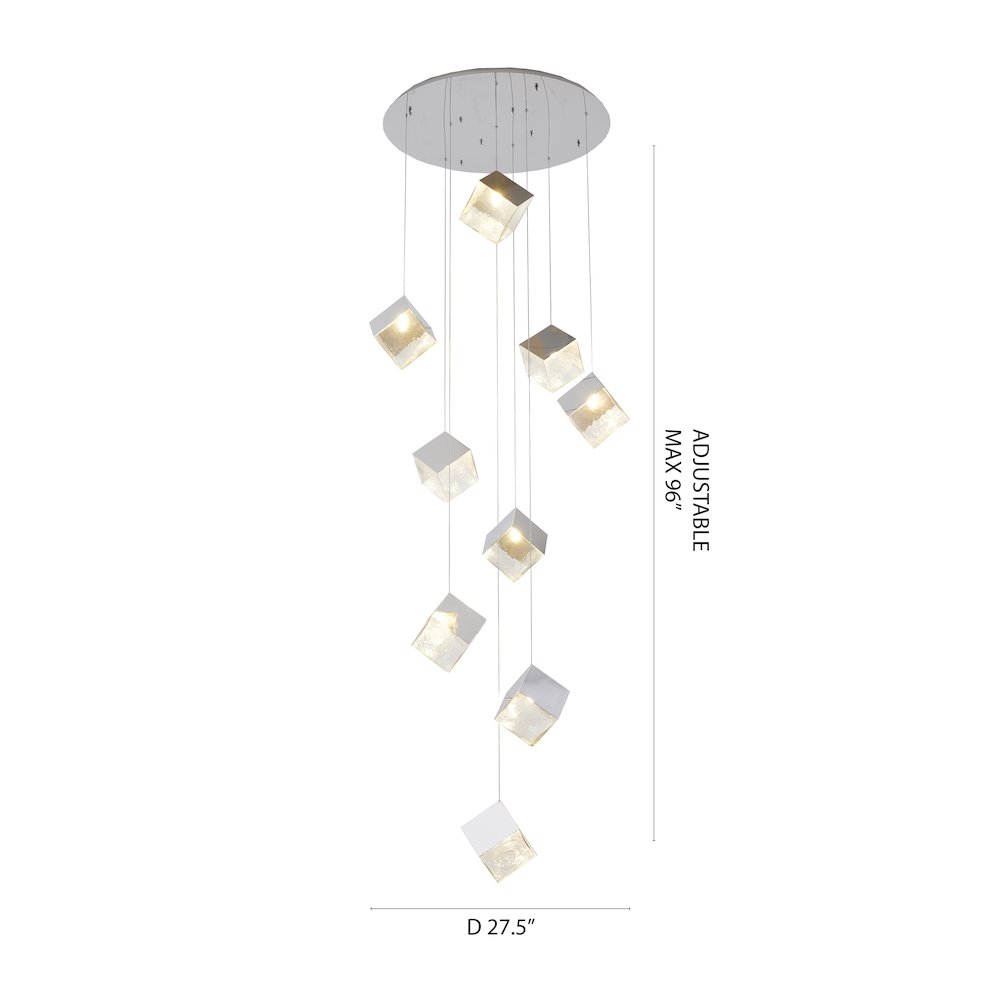 9-Light Chrome Cubed Chandelier With A Clear Distorted Glass Shades