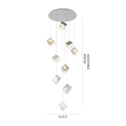 9-Light Chrome Cubed Chandelier With A Clear Distorted Glass Shades