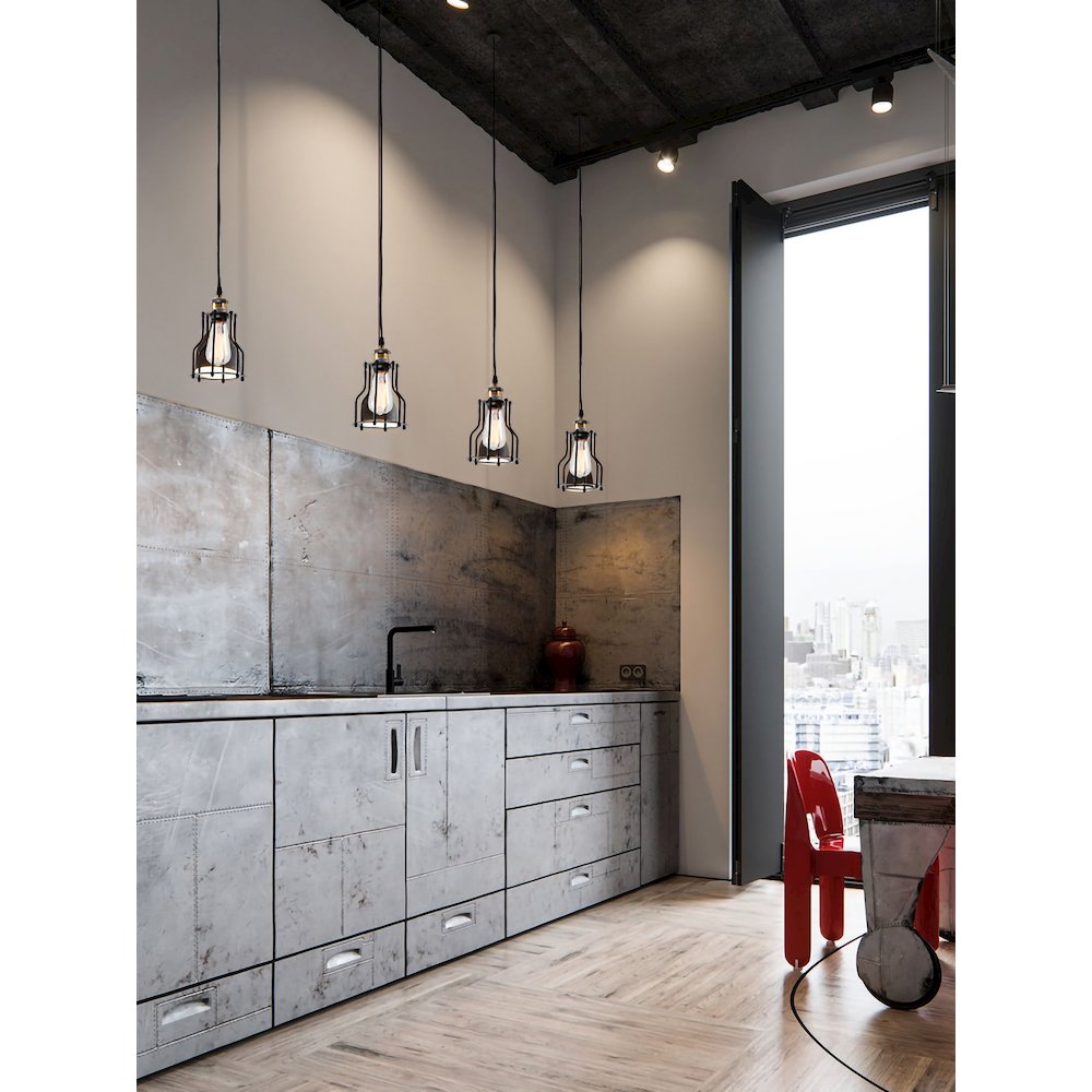 1-Light Black Cage Single Pendant With Brass Hardware