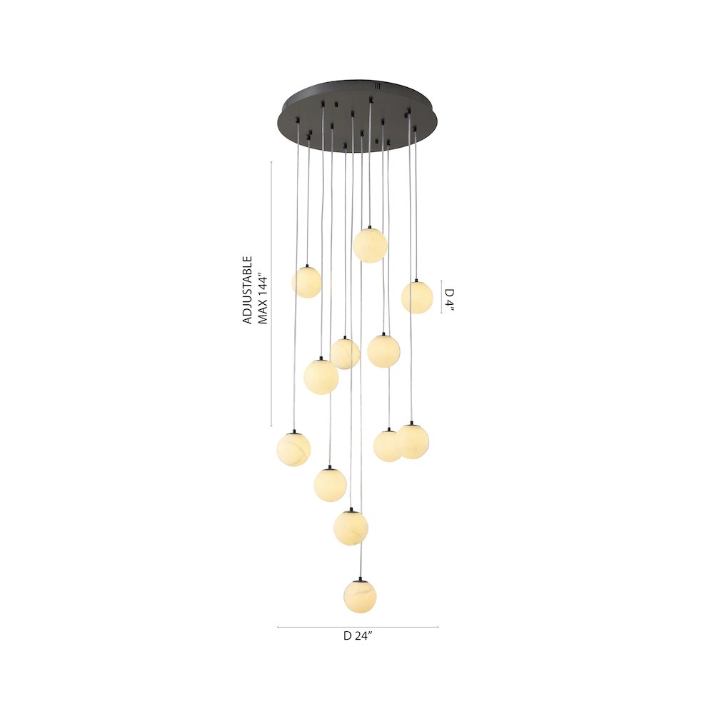 12-Light Black Stainless Steel Chandelier With Alabaster Pendants
