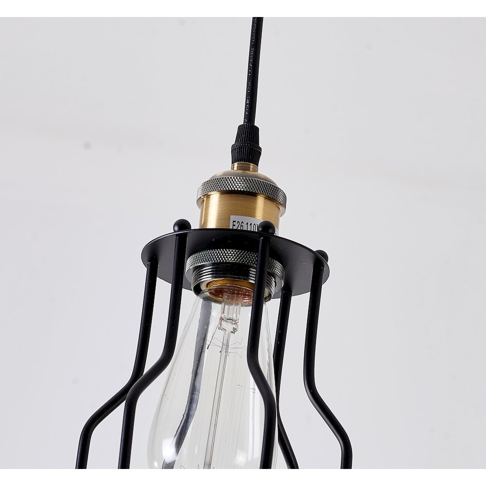 1-Light Black Cage Single Pendant With Brass Hardware