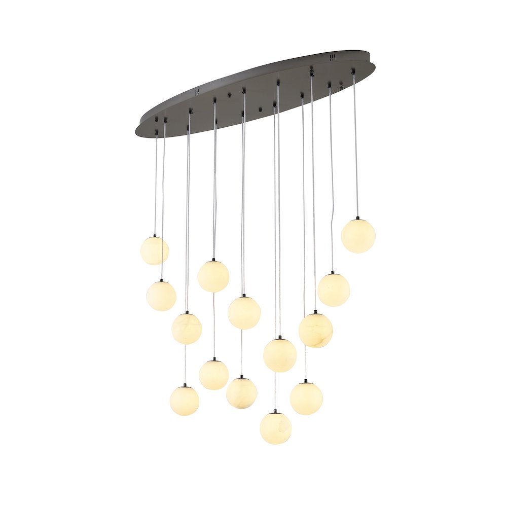 14-Light Black Stainless Steel Chandelier With Alabaster Pendants