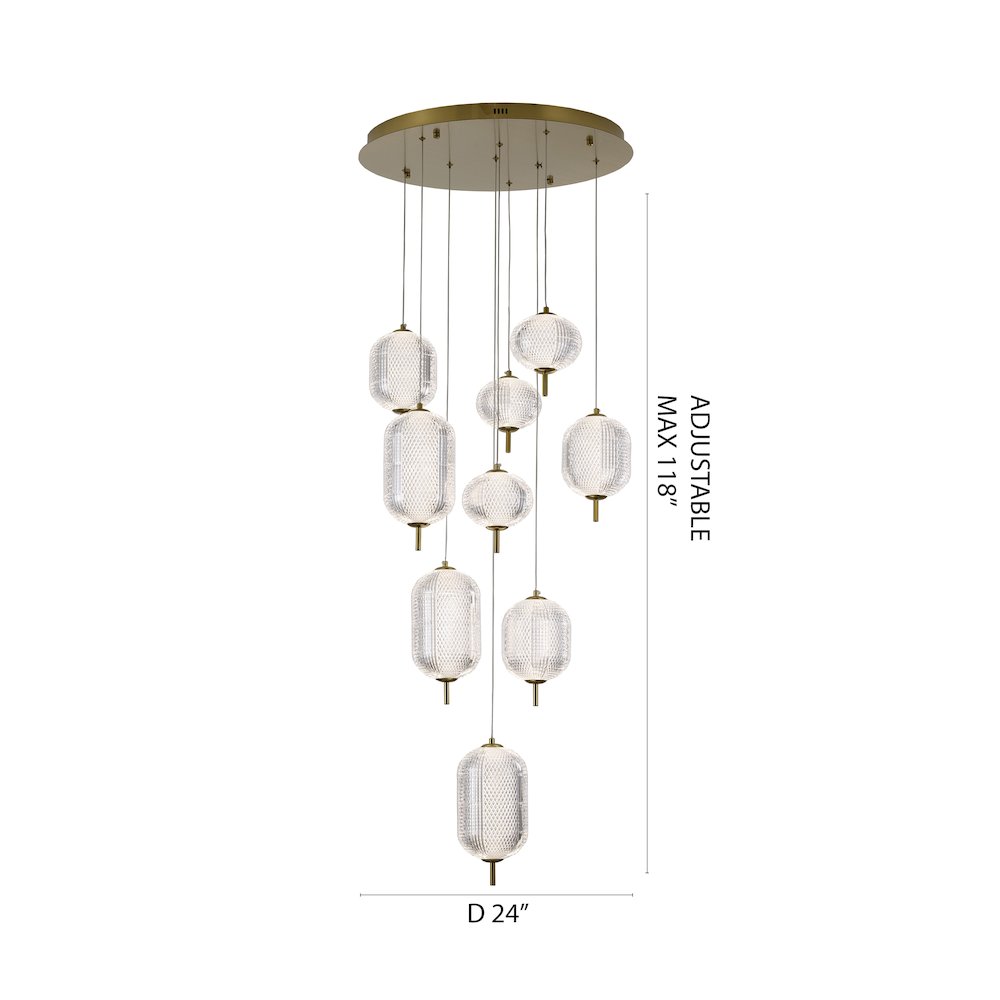 9-Light Flushed Brass Dimmable LED Chandelier With Hanging Clear  PC shades