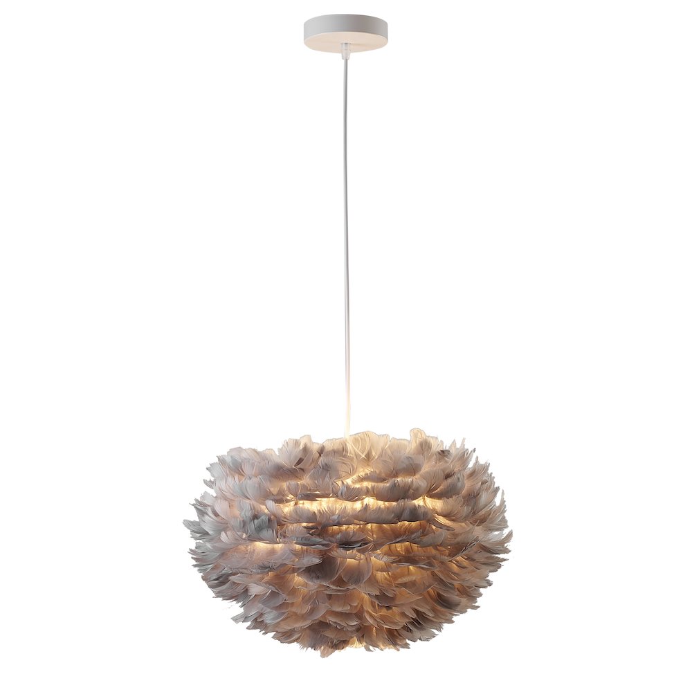 1-Light Light Grey Goose Fether Chandelier With A White Iron Frame