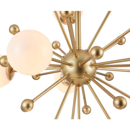 11-Light Gold Spike Chandelier With White Glass Globe Shades