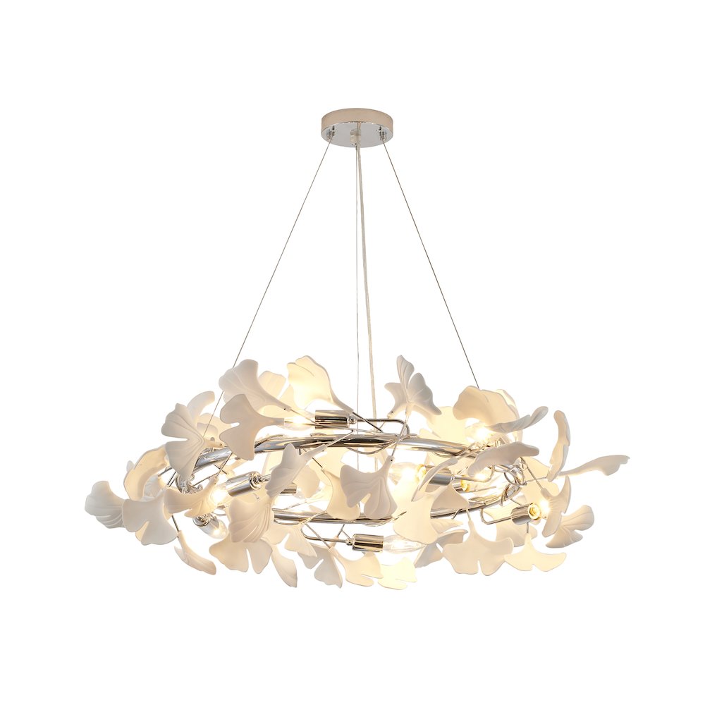 10-Light Chrome Chandelier With White Acrylic Leafs