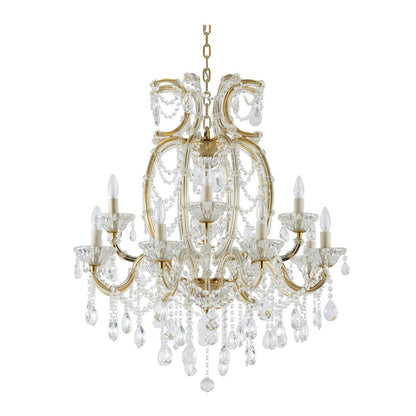 18-Light Satin Brass Metal Chandelier With Clear Hanging Crystals