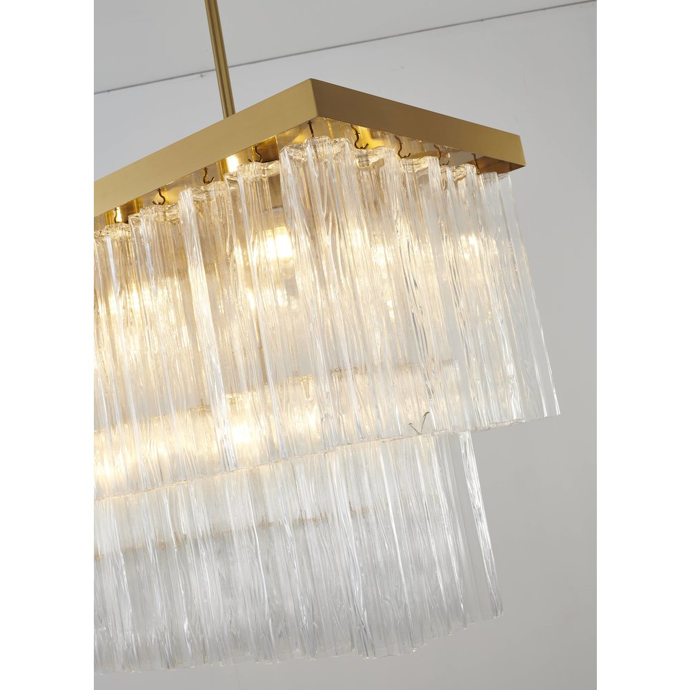 14-Light Satin Brass Metal Chandelier With Clear Ribbed Glass