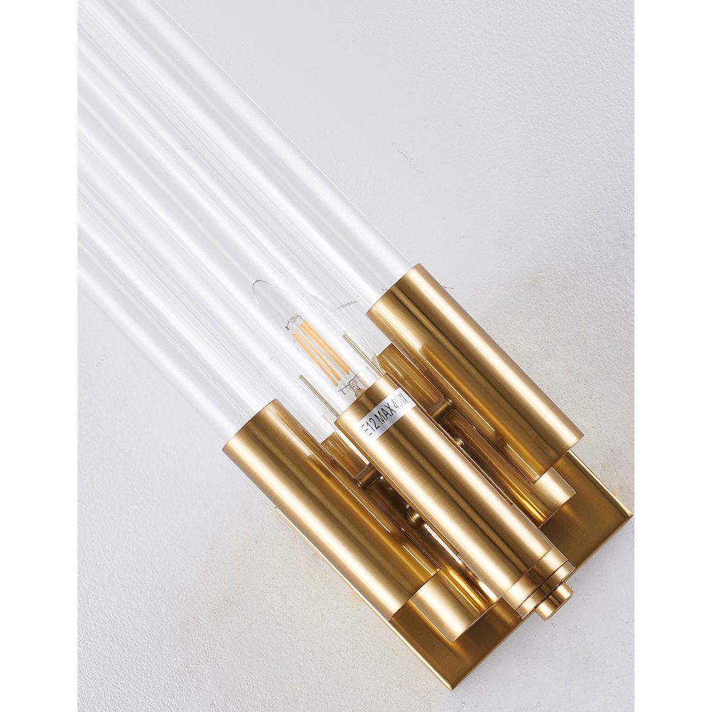 1-Light Gold Metal Wall Sconce With Clear Glass Rods