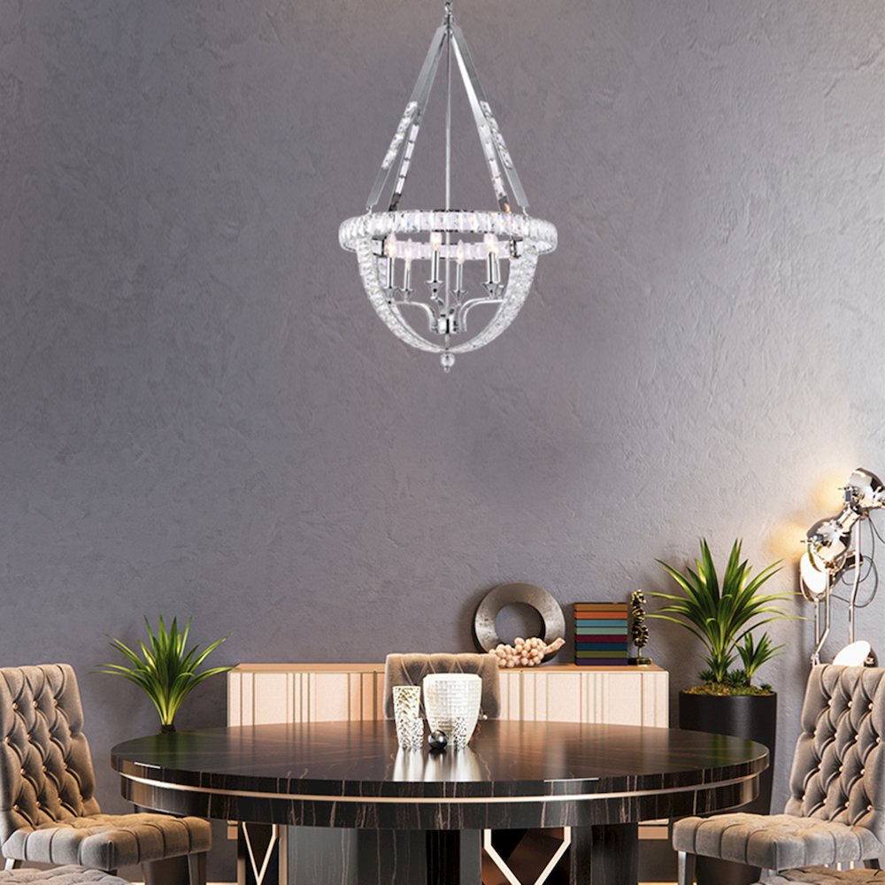 6-Light Chrome Metal Chandelier With Clear Crystals
