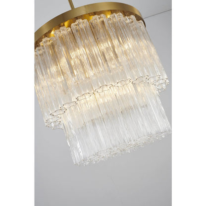 12-Light Satin Brass Metal Chandelier With Clear Ribbed Glass