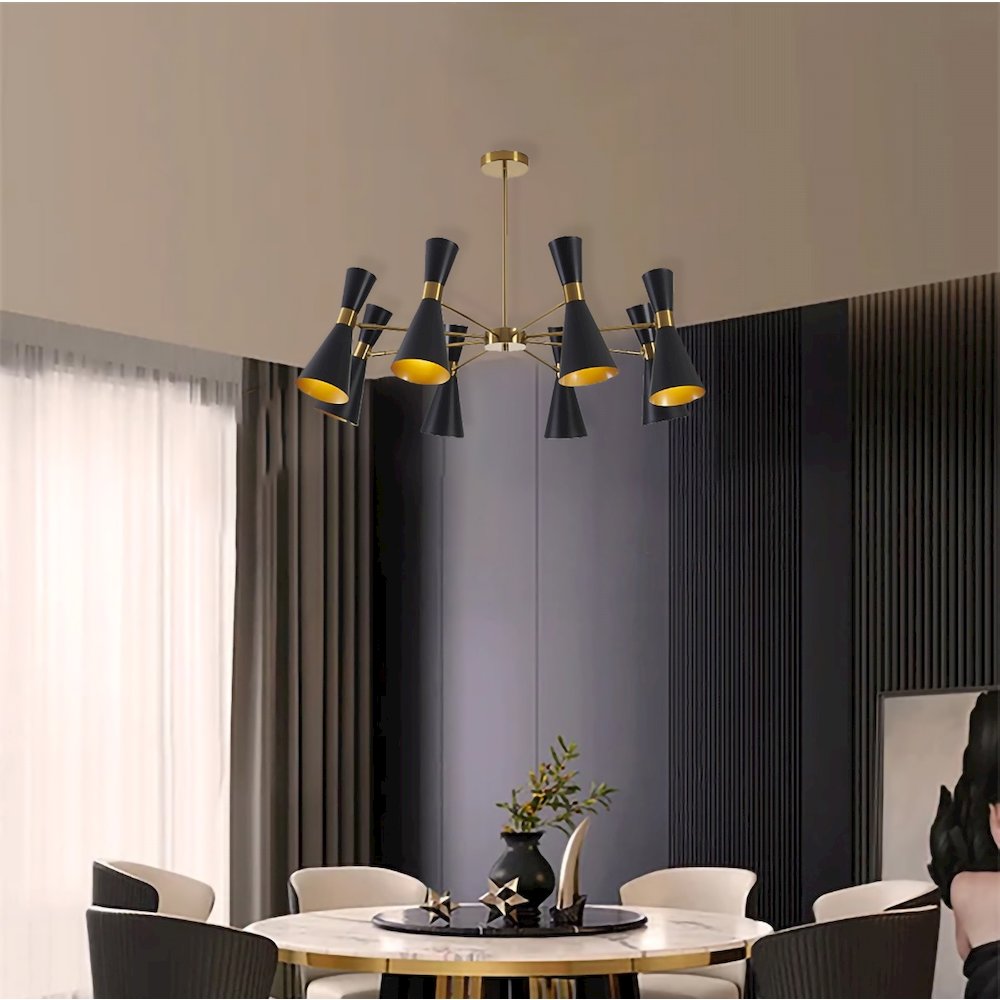 8-Light Gold Chandelier With Sand Black Cone Shades