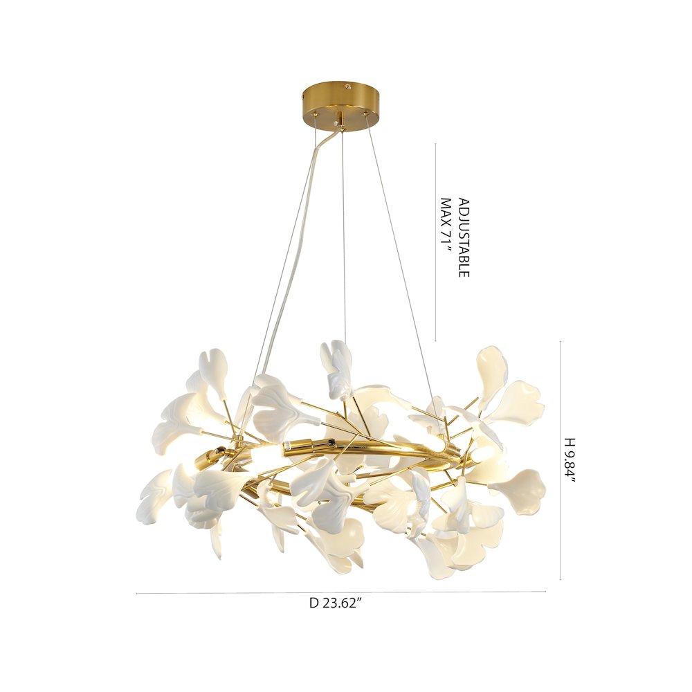 6-Light Brass Chandelier With Matte White Plastic Leaf Petals in a round shape