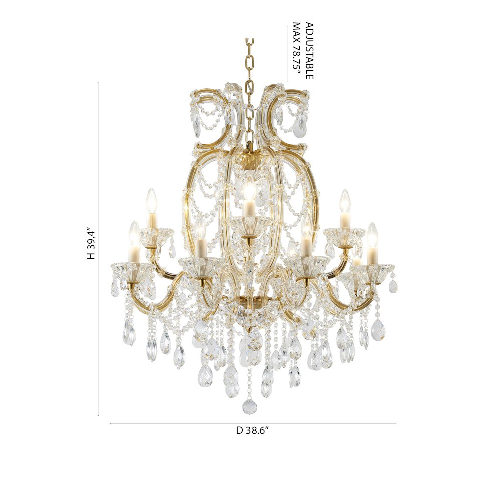 18-Light Satin Brass Metal Chandelier With Clear Hanging Crystals
