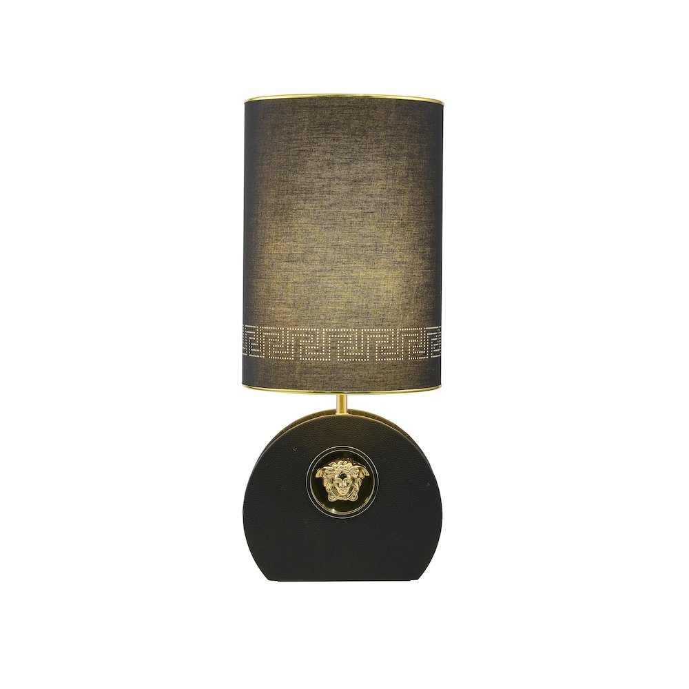 1-Light Black Iron Table Lamp With Leather Cover On Base And A Fabric Shade