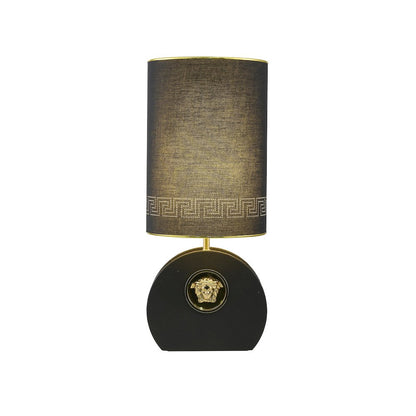 1-Light Black Iron Table Lamp With Leather Cover On Base And A Fabric Shade