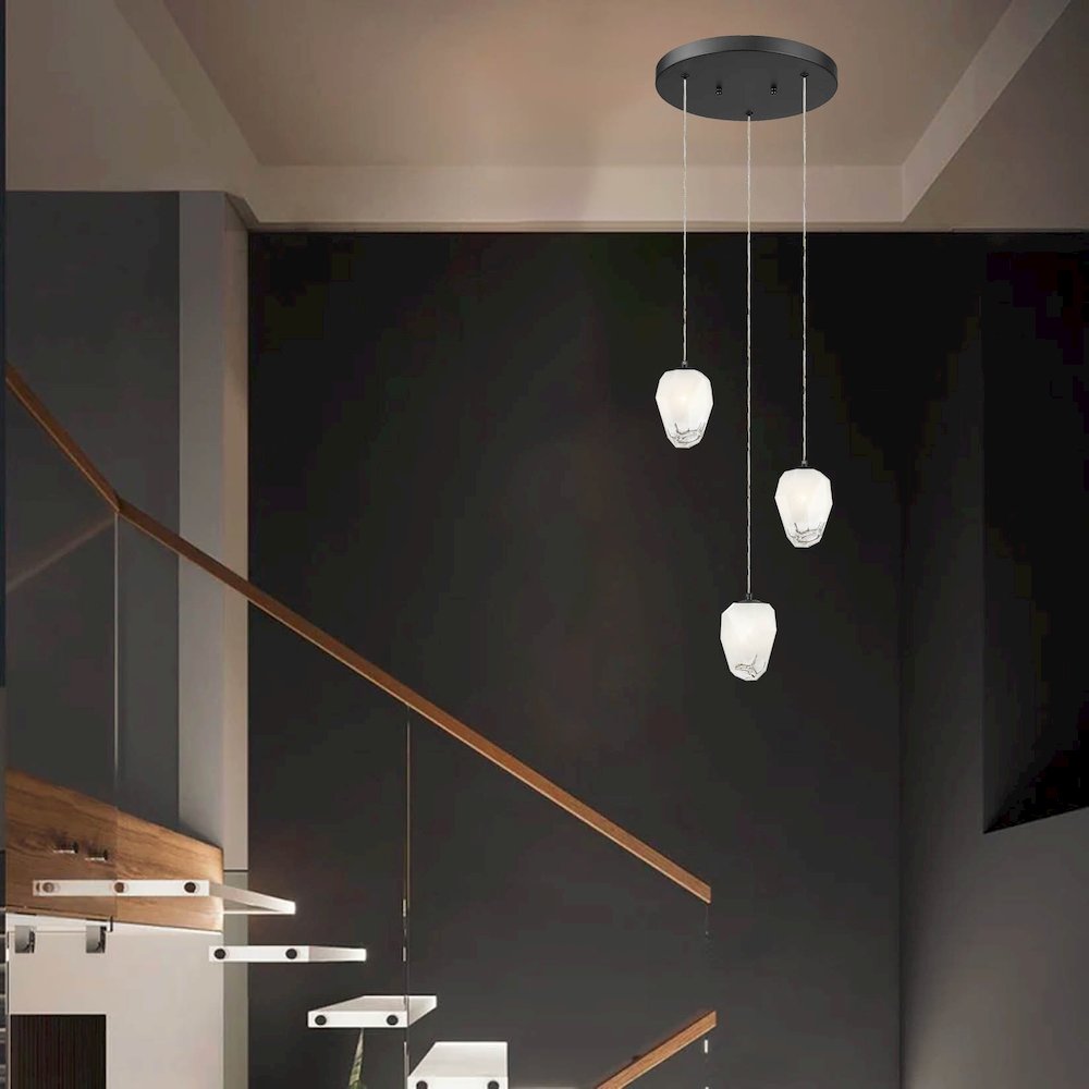 3-Light Black Chandelier With White Glass Shades
