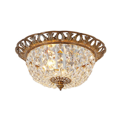 2-Light Antique Gold Flush Mount With Clear Hanging Crystals