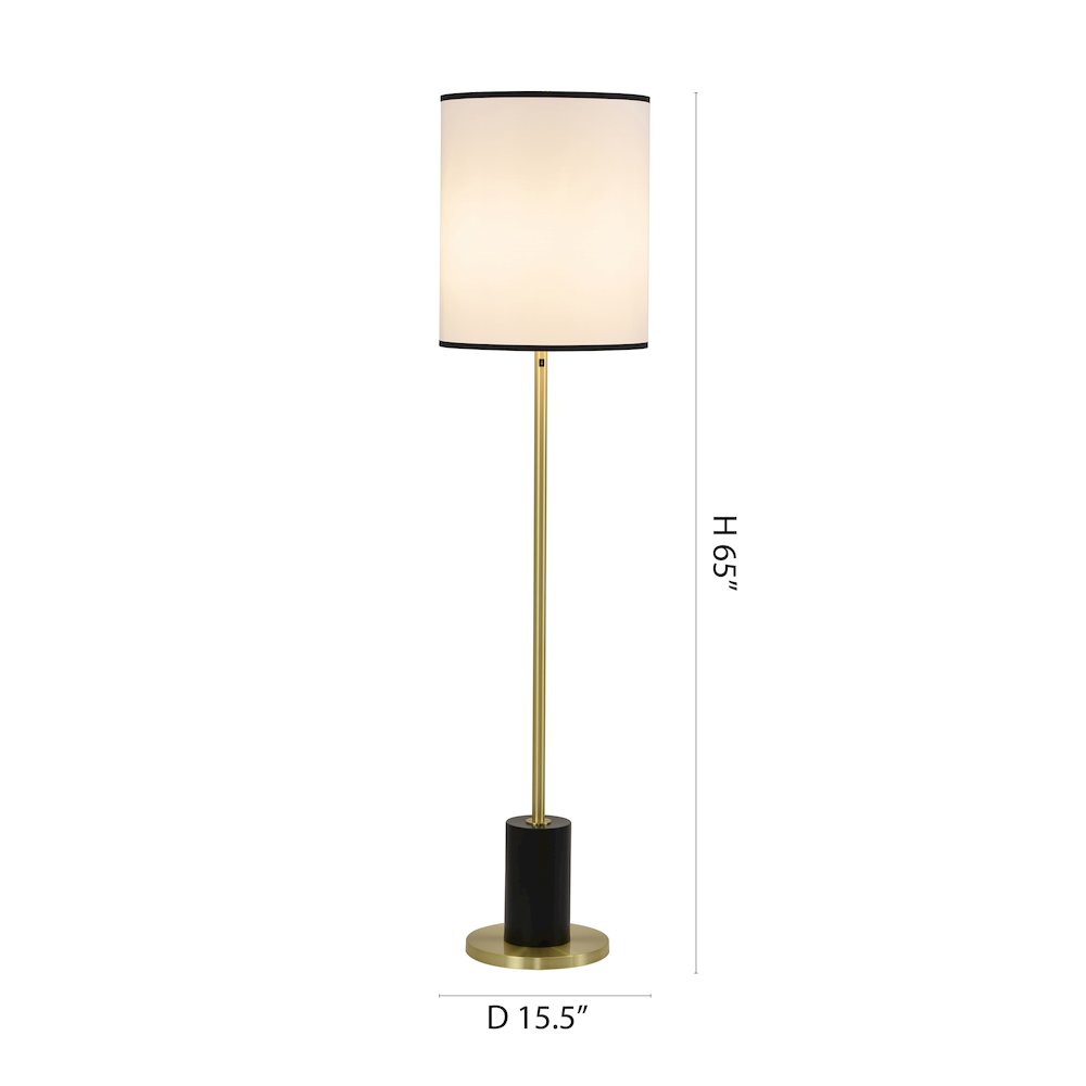 2-Light Black And Satin Brass Floor Lamp With A White Linen Shade