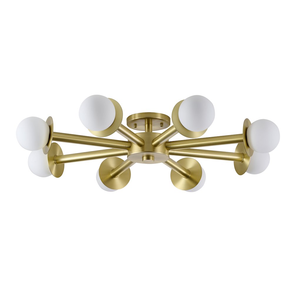 8-Light Satin Brass Flush Mount With White Glass Globe Shades