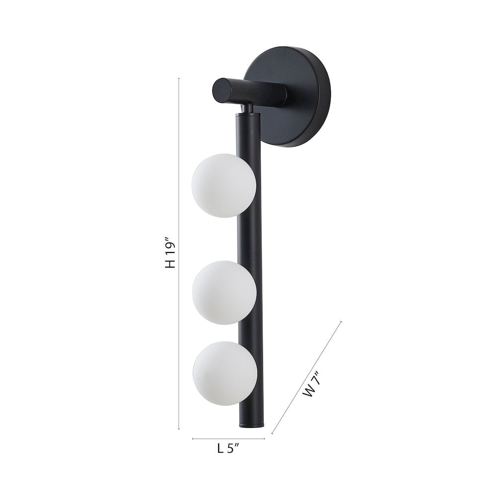 3-Light Matte Black Metal Wall Sconce With Whtie Glass Shades